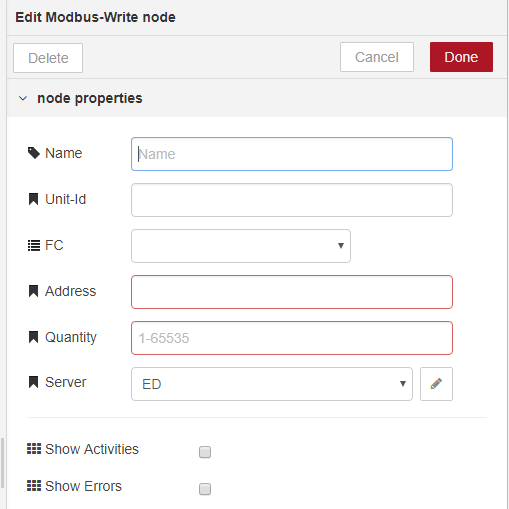 Edit Modbus Write node